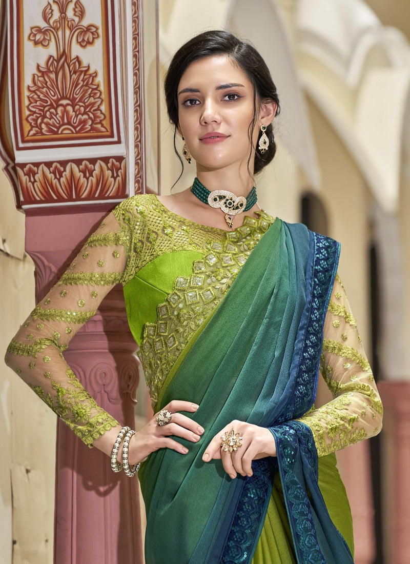 Green and Blue Silk Party Wear Half & Half Saree-2