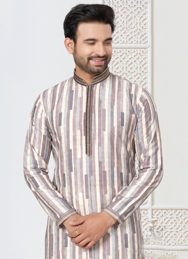 Off White Cotton Kurta Pajama With Collar Neck-2