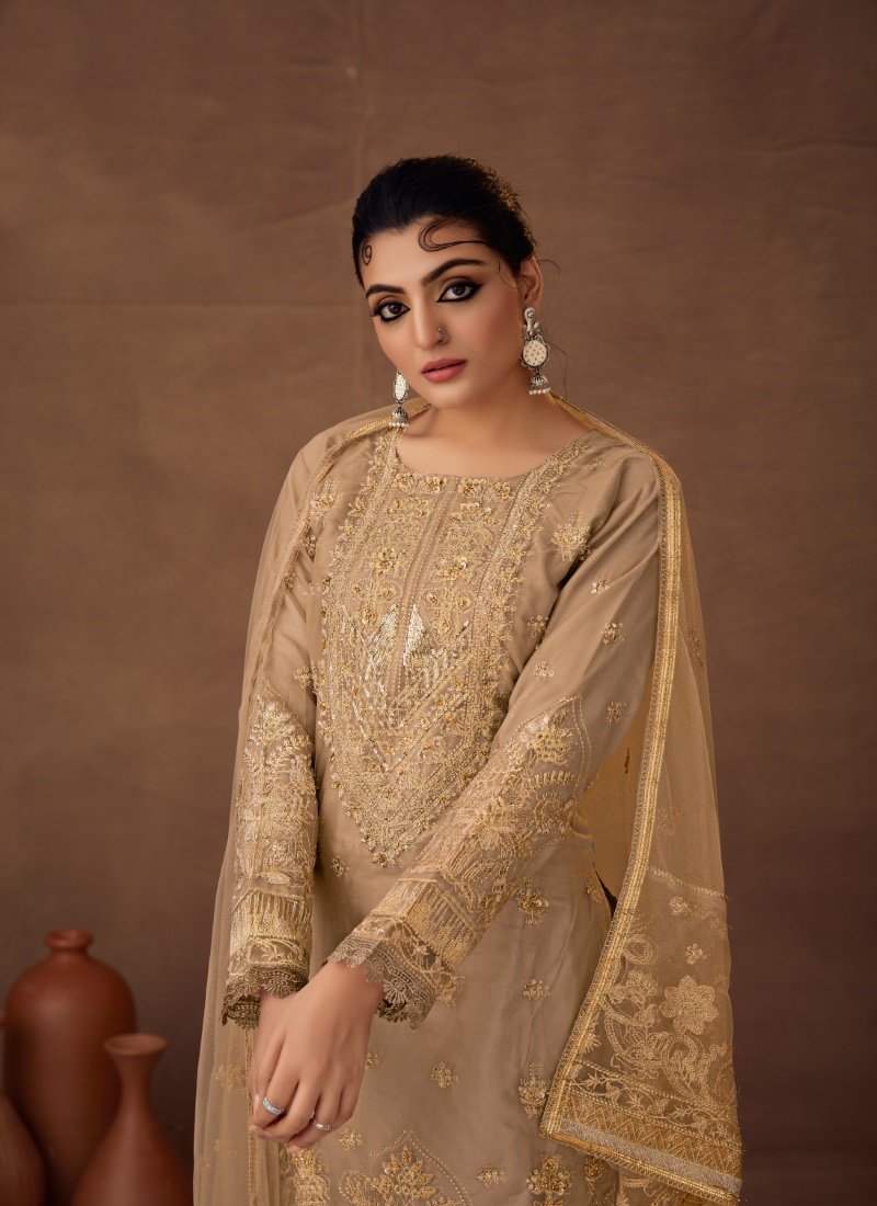 Beige Organza Pakistani Palazzo Suit-2