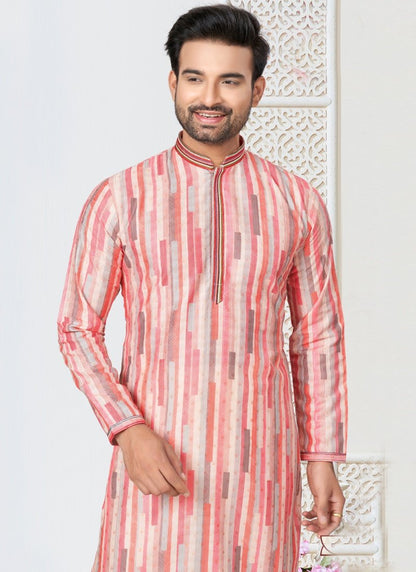 Pink Cotton Kurta Pajama With Collar Neck-2