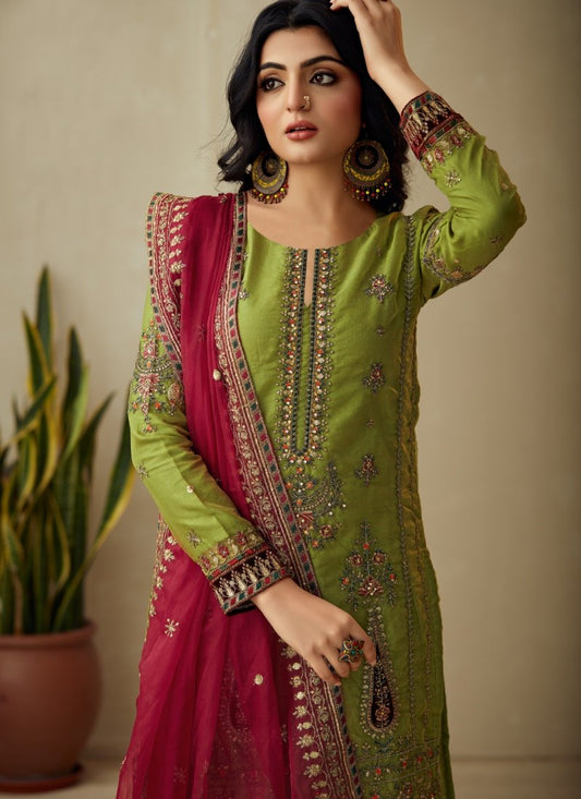 Green Orangza Pant Style Salwar Suit With Heavy Embroidery