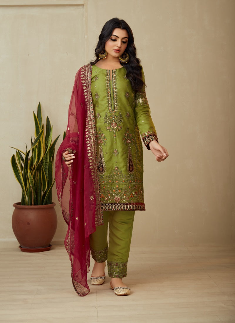 Green Orangza Pant Style Salwar Suit With Heavy Embroidery-2