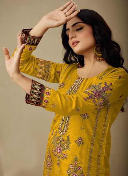 Yellow Orangza Pant Style Salwar Suit With Heavy Embroidery-2