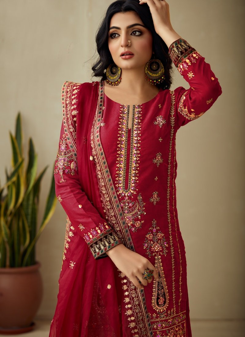 Red Orangza Pant Style Salwar Suit With Heavy Embroidery-2