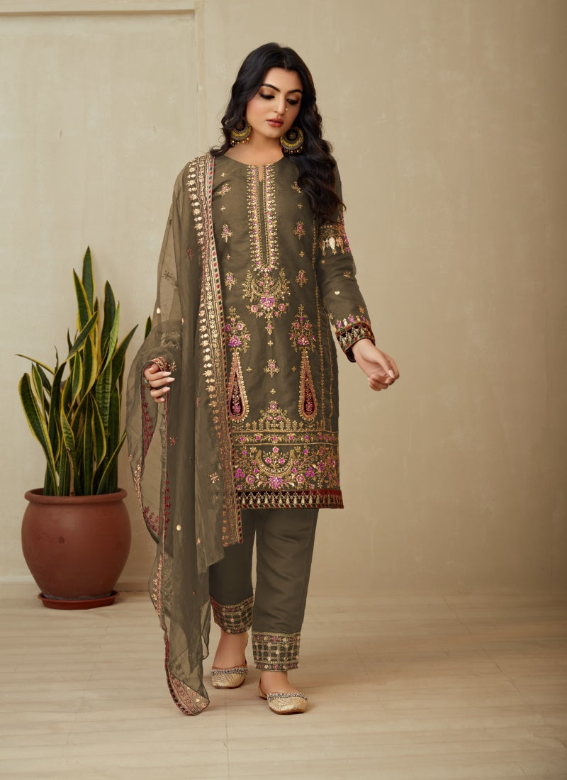 Olive Green Orangza Pant Style Salwar Suit With Heavy Embroidery-2