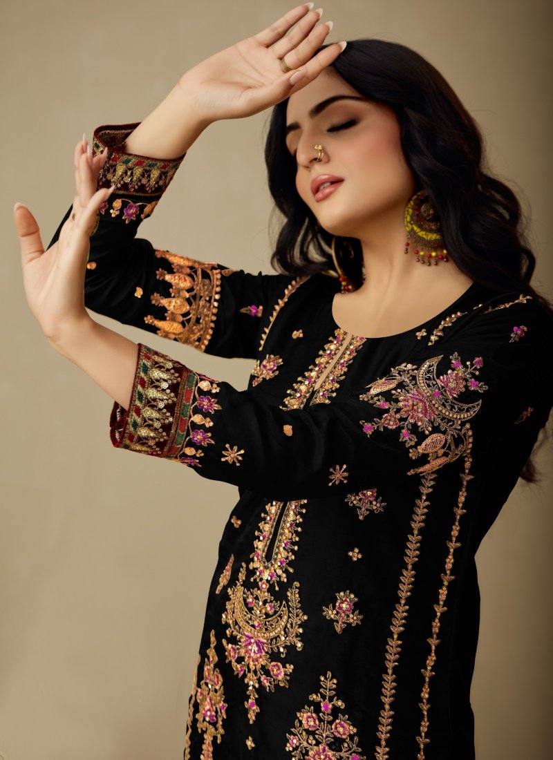 Black Orangza Pant Style Salwar Suit With Heavy Embroidery-2