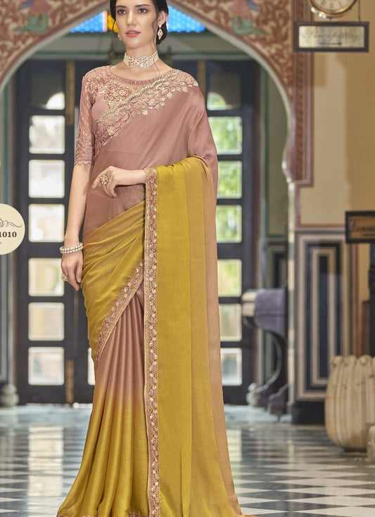 Peach and Yellow Silk Party Wear Half & Half Saree