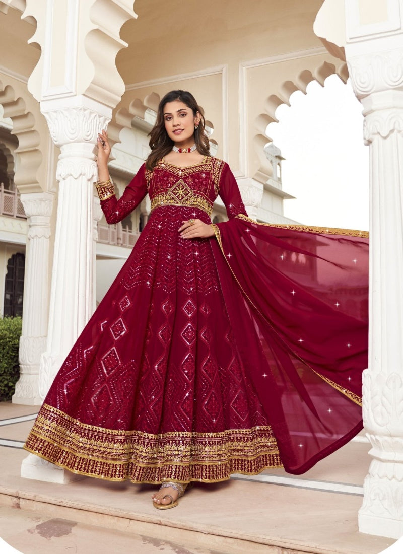 Maroon Georgette Embroidered Anarkali Suit for Wedding