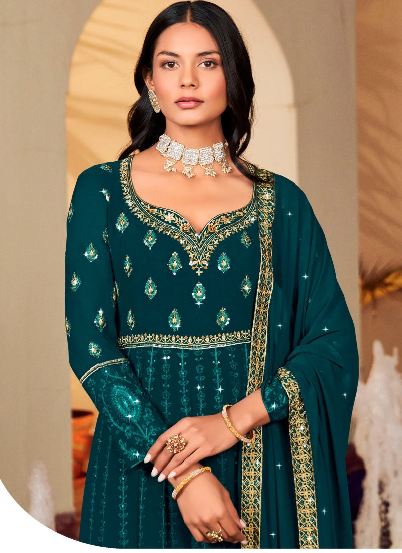 Teal Blue Georgette Embroidered Anarkali Suit for Wedding-2