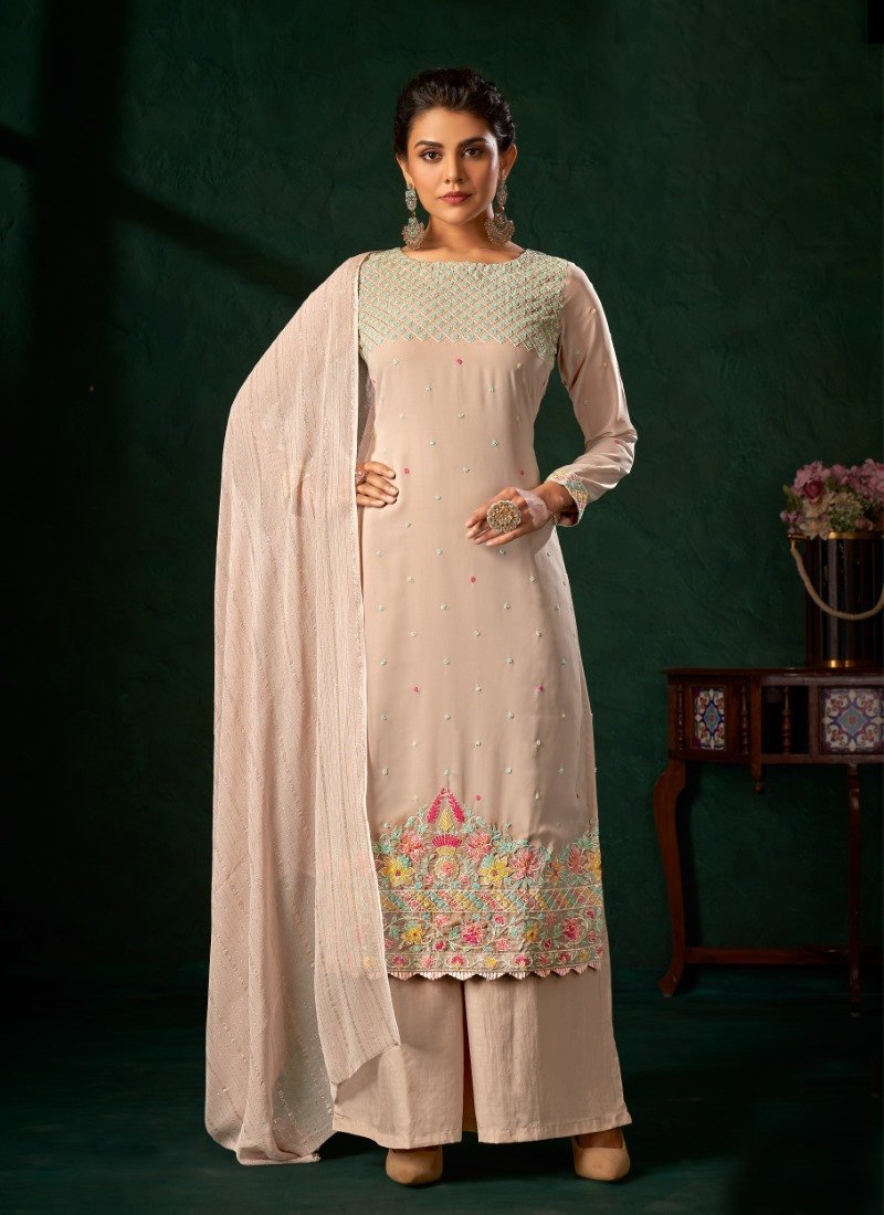 Beige Georgette Palazzo Suit with Zari, Cut-Dana and Swarovski Work