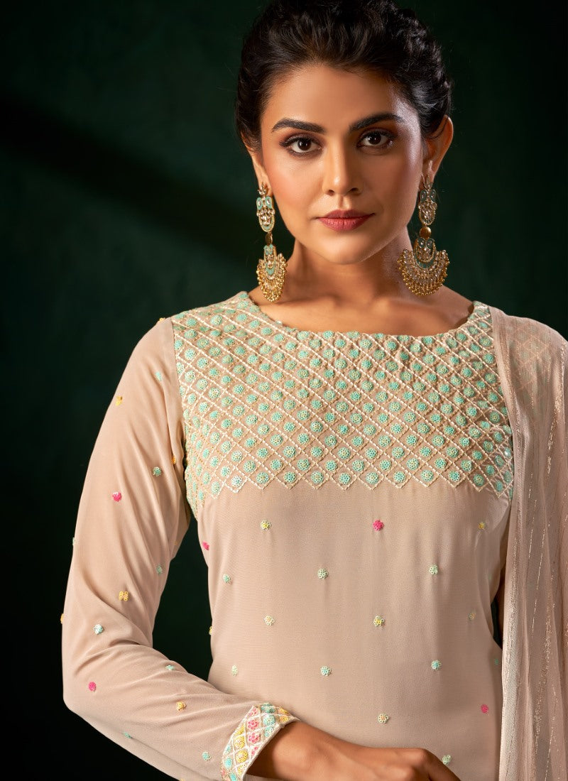 Beige Georgette Palazzo Suit with Zari, Cut-Dana and Swarovski Work-2