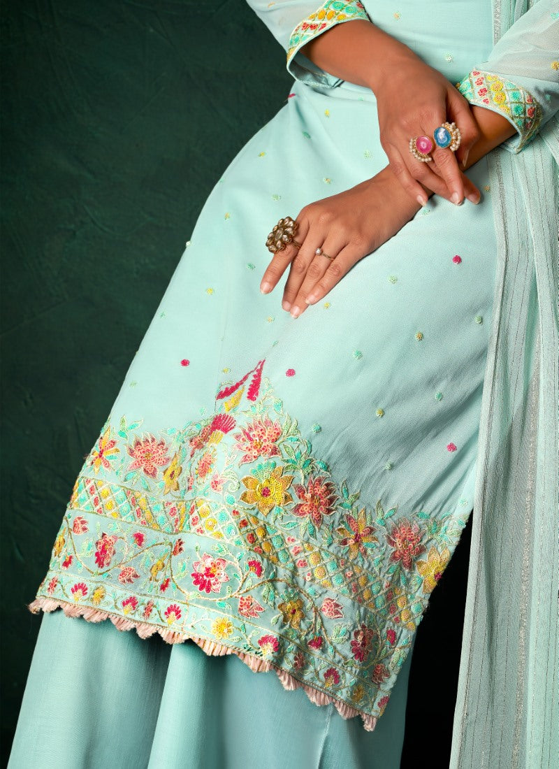 Sky Blue Georgette Palazzo Suit with Zari, Cut-Dana and Swarovski Work-2