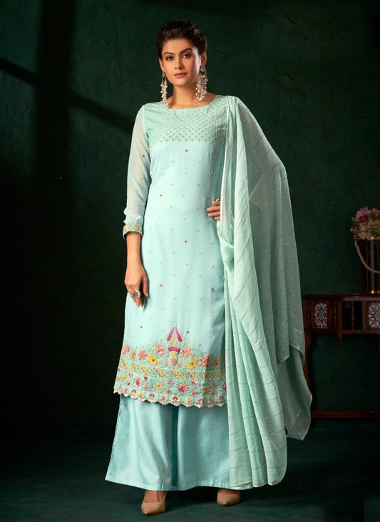 Sky Blue Georgette Palazzo Suit with Zari, Cut-Dana and Swarovski Work