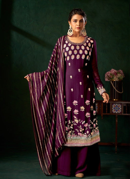 Purple Georgette Palazzo Suit with Zari, Cut-Dana and Swarovski Work