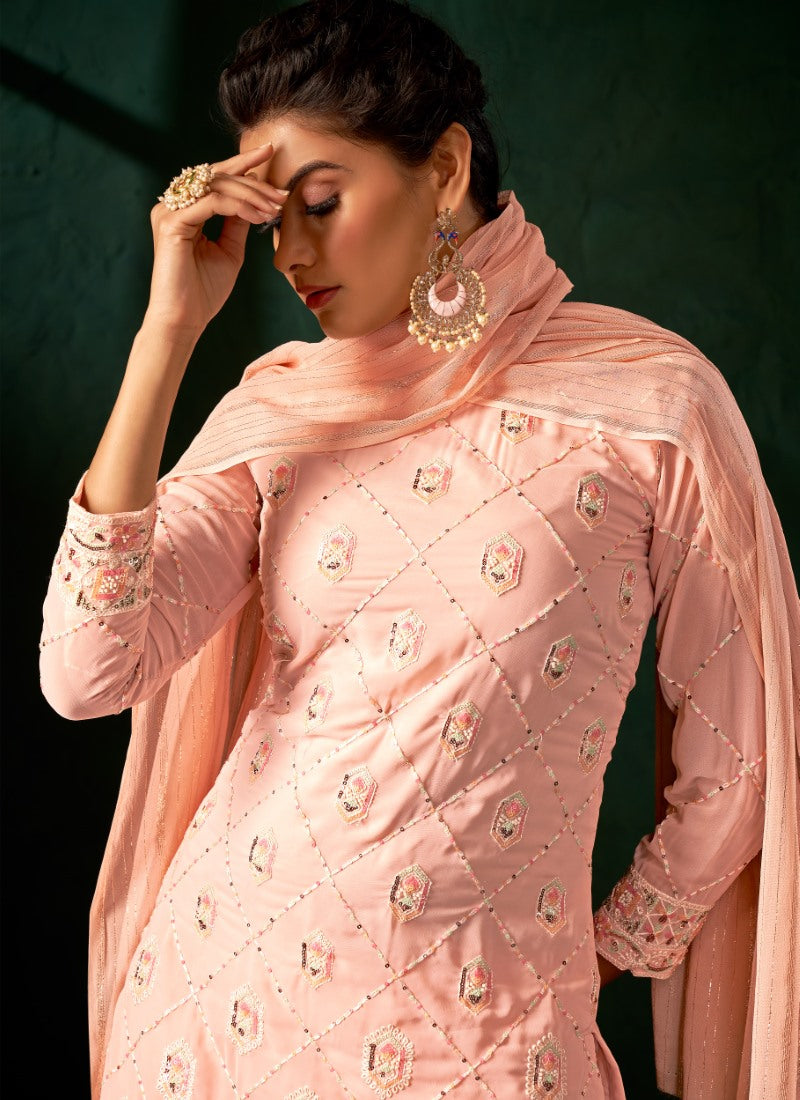 Peach Georgette Palazzo Suit with Zari, Cut-Dana and Swarovski Work-2