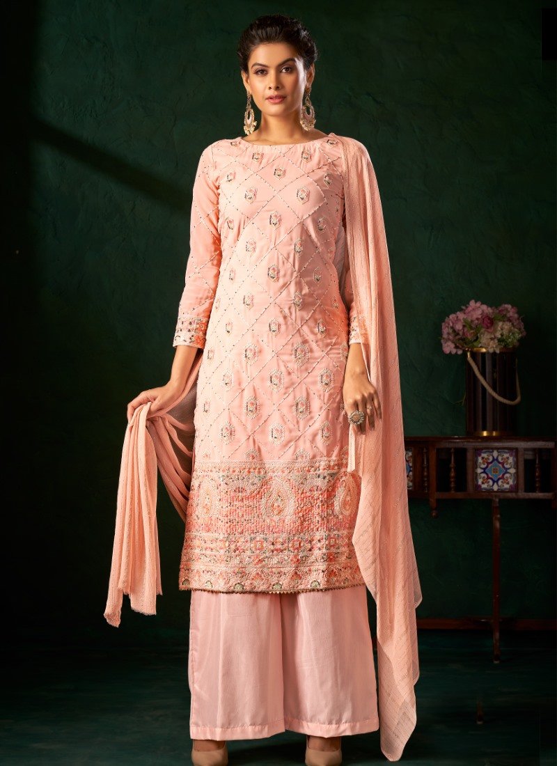 Peach Georgette Palazzo Suit with Zari, Cut-Dana and Swarovski Work