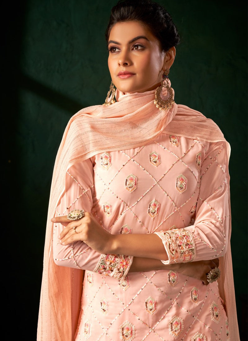 Peach Georgette Palazzo Suit with Zari, Cut-Dana and Swarovski Work-2