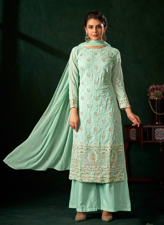 Sea Green Georgette Palazzo Suit with Zari, Cut-Dana and Swarovski Work