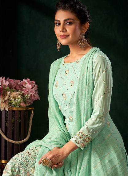 Sea Green Georgette Palazzo Suit with Zari, Cut-Dana and Swarovski Work-2