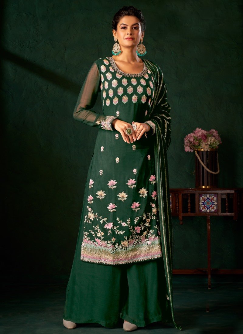 Green Georgette Palazzo Suit with Zari, Cut-Dana and Swarovski Work