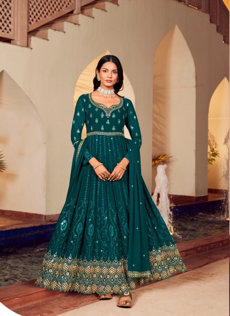 Teal Blue Georgette Embroidered Anarkali Suit for Wedding