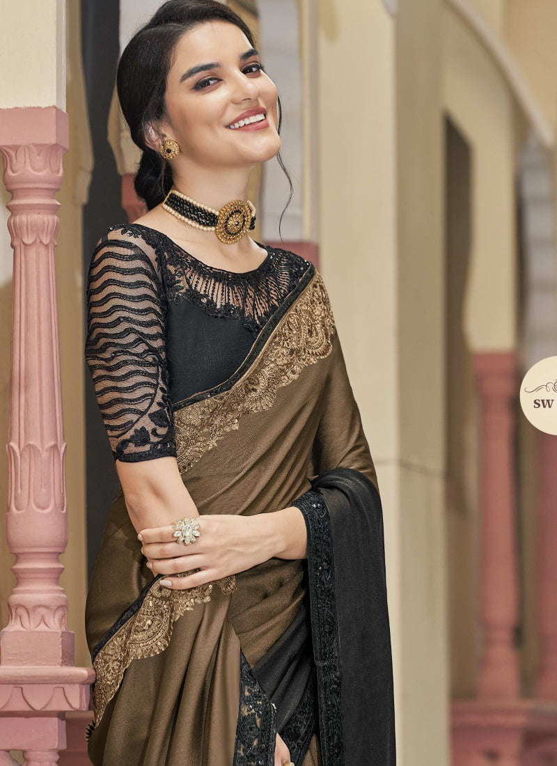 Brown and Black Silk Party Wear Half & Half Saree-2