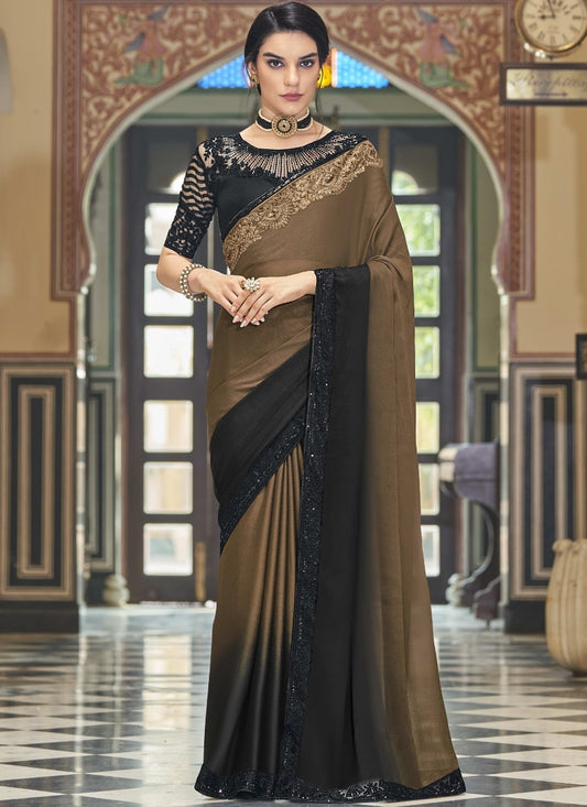 Brown and Black Silk Party Wear Half & Half Saree