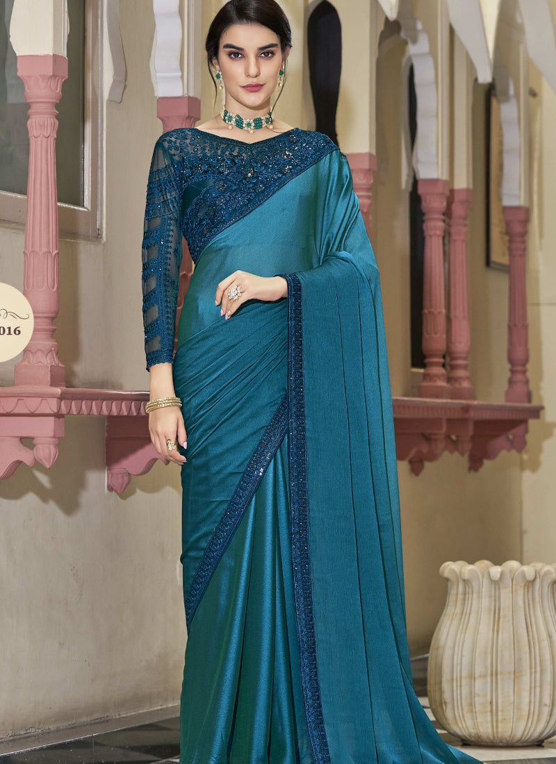 Blue Silk Party Wear Half & Half Saree