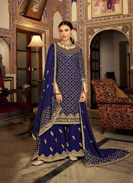 Blue Chinon Wide Palazzo Suit