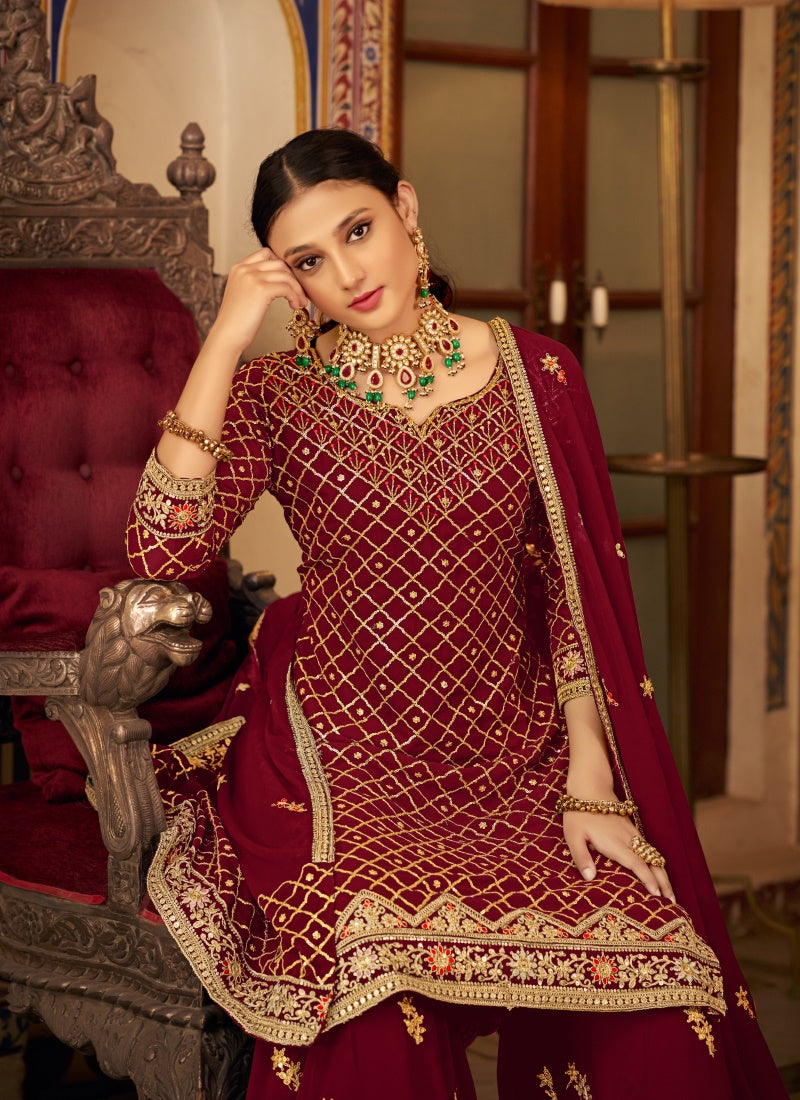 Maroon Chinon Wide Palazzo Suit-2