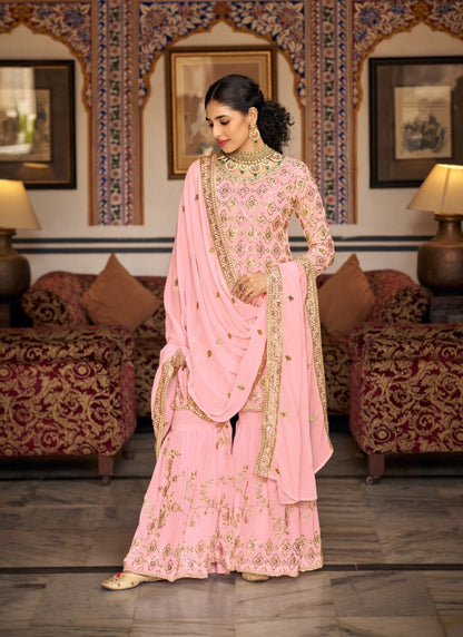 Pink Georgette Embroidered Sharara Suit