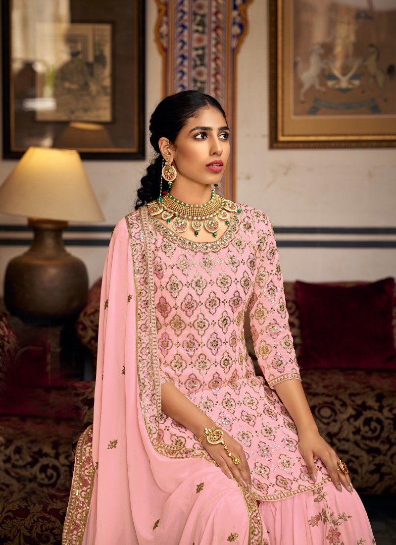 Pink Georgette Embroidered Sharara Suit-2