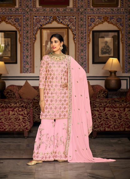 Pink Georgette Embroidered Sharara Suit-2