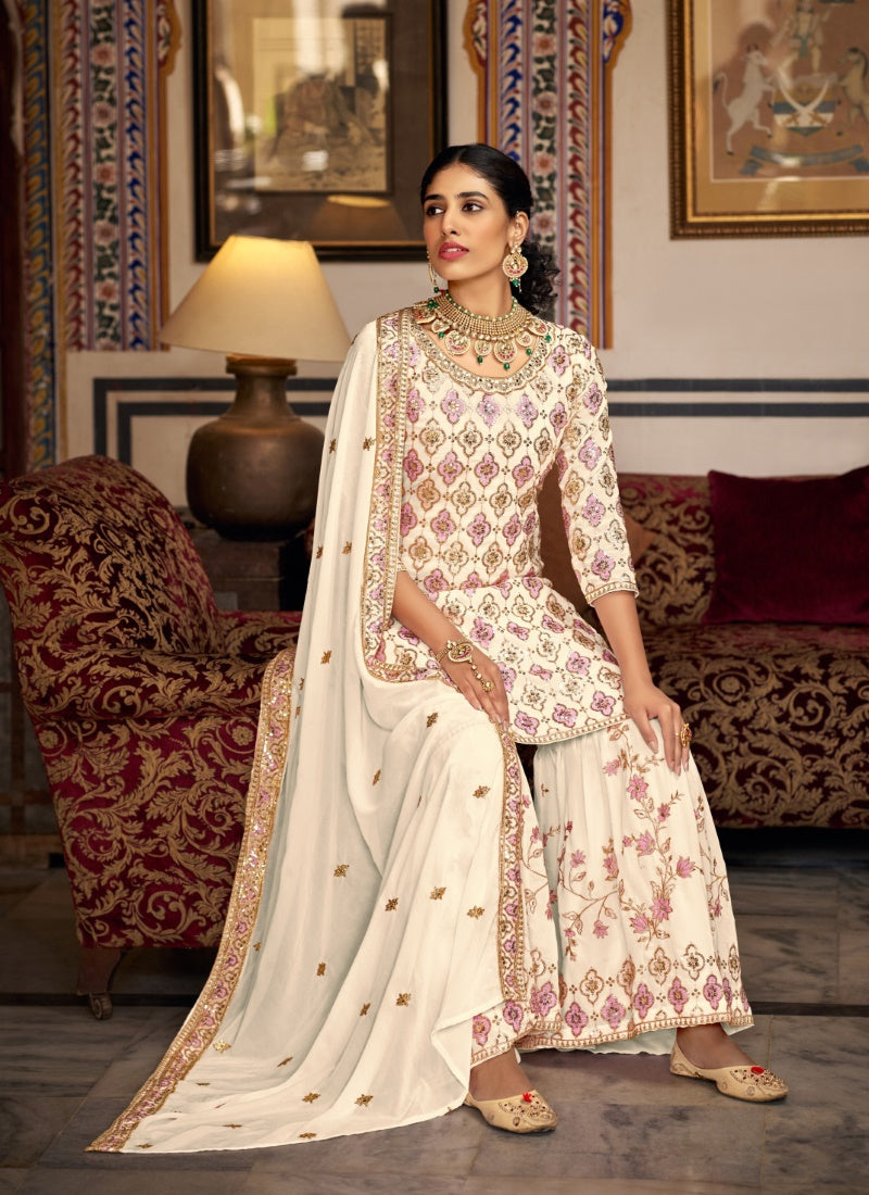 Off White Georgette Embroidered Sharara Suit-2