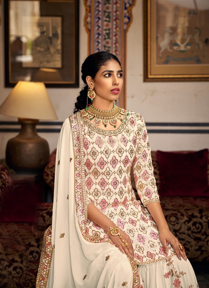 Off White Georgette Embroidered Sharara Suit-2