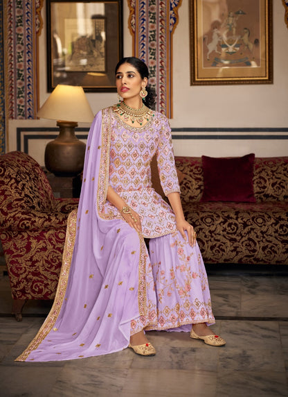 Lavender Georgette Embroidered Sharara Suit-2