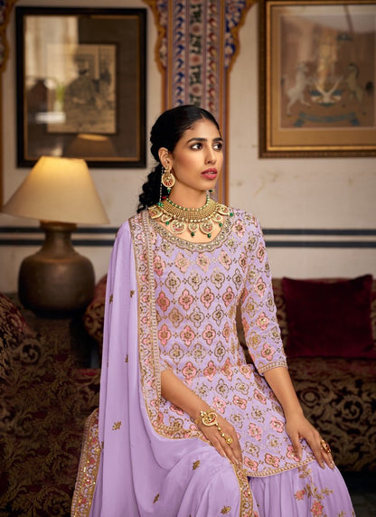 Lavender Georgette Embroidered Sharara Suit-2