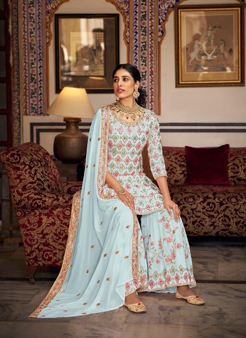 Sky Blue Georgette Embroidered Sharara Suit-2