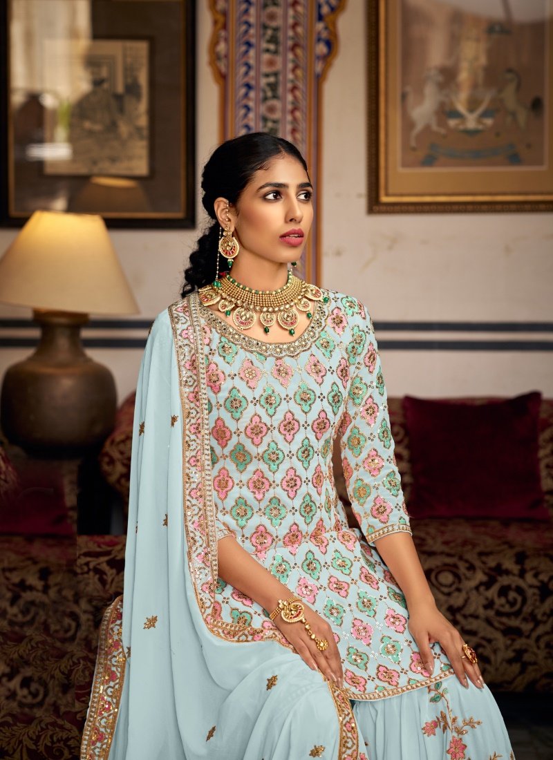 Sky Blue Georgette Embroidered Sharara Suit-2