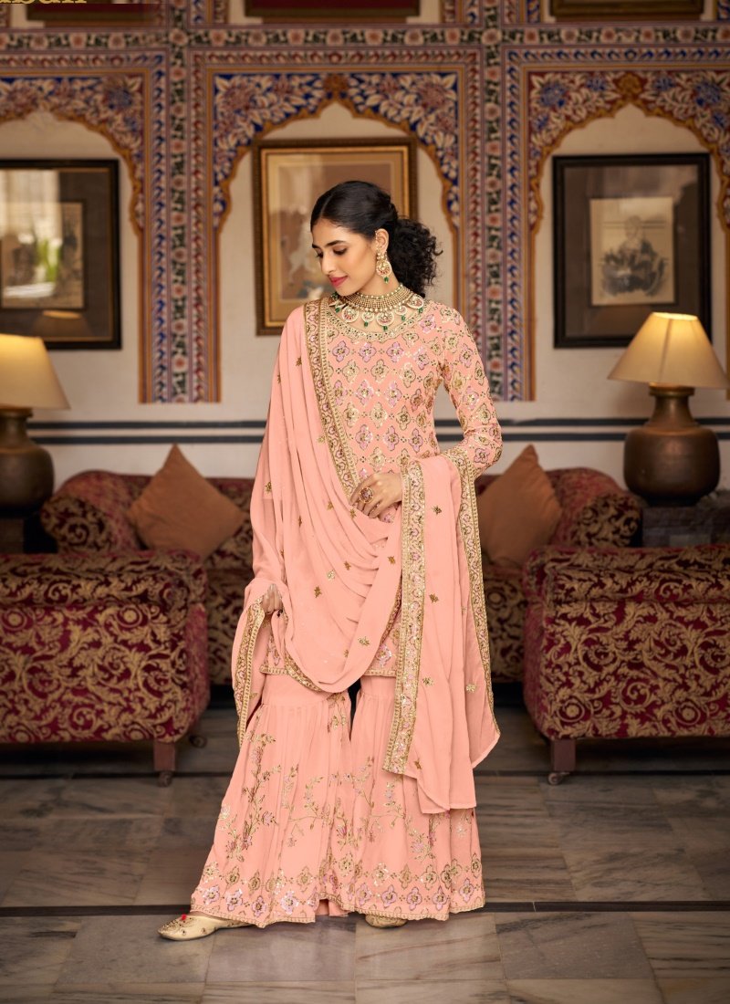 Peach Georgette Embroidered Sharara Suit