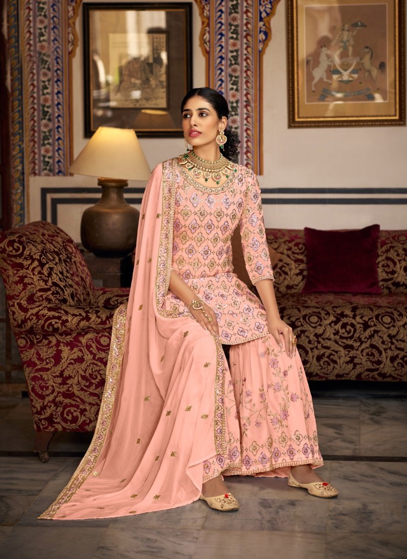 Peach Georgette Embroidered Sharara Suit-2