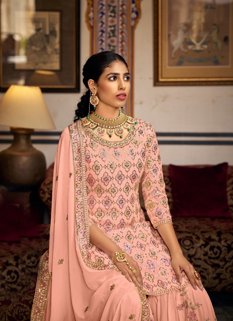 Peach Georgette Embroidered Sharara Suit-2