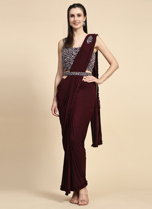 Wine Party Wear Ready To Wear Saree With Embroidery Work
