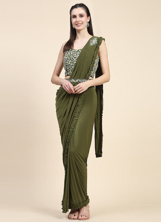 Olive Green Party Wear Ready To Wear Saree With Embroidery Work