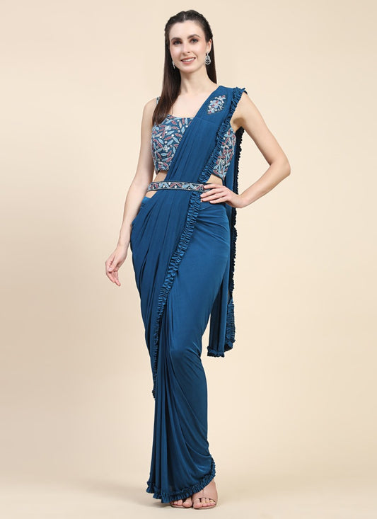 Blue Party Wear Ready To Wear Saree With Embroidery Work