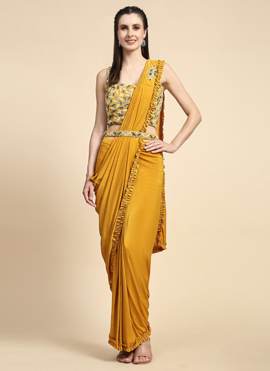 Yellow Party Wear Ready To Wear Saree With Embroidery Work