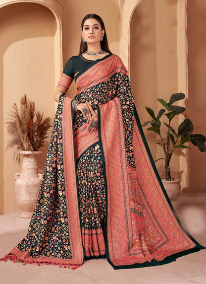 Black Pashmina Saree With Print Work