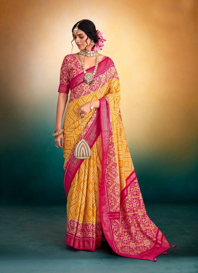 Yellow Tusser Silk Patola Saree