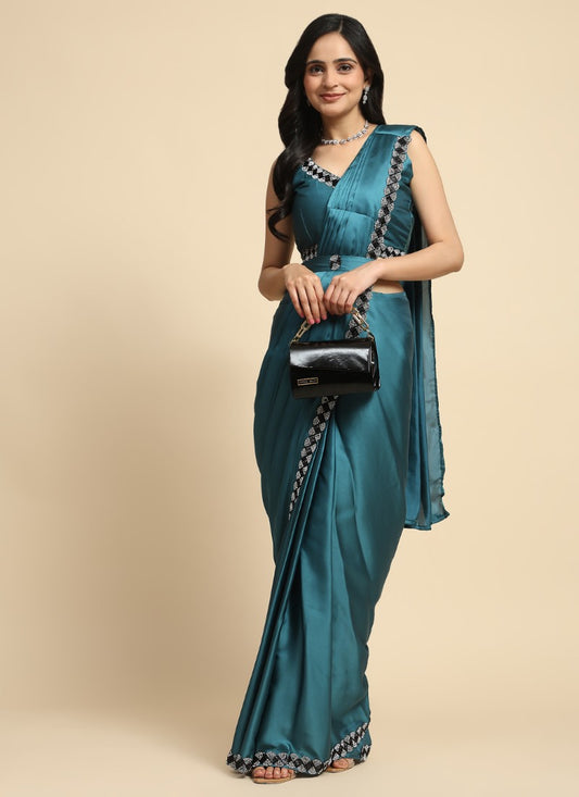 Teal Blue Silk Ready Made Party Wear Saree with Stone Work