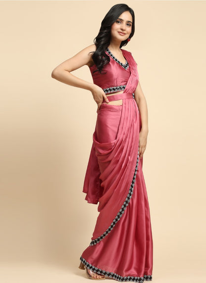 Pink Silk Ready Made Party Wear Saree with Stone Work